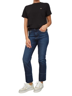TWIN-SET T-shirt Twinset in jersey di cotone nero con placchetta Oval T strass in DONNA