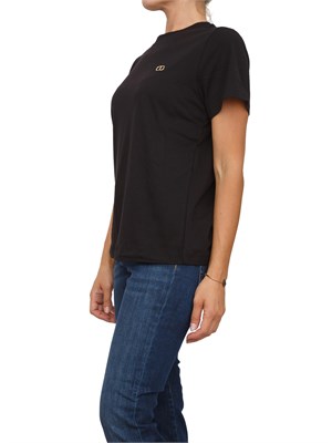 TWIN-SET T-shirt Twinset in jersey di cotone nero con placchetta Oval T strass in DONNA