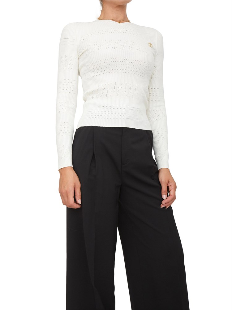 TWIN-SET Maglia Twinset in filato a costine bianca con lavorazione traforata
