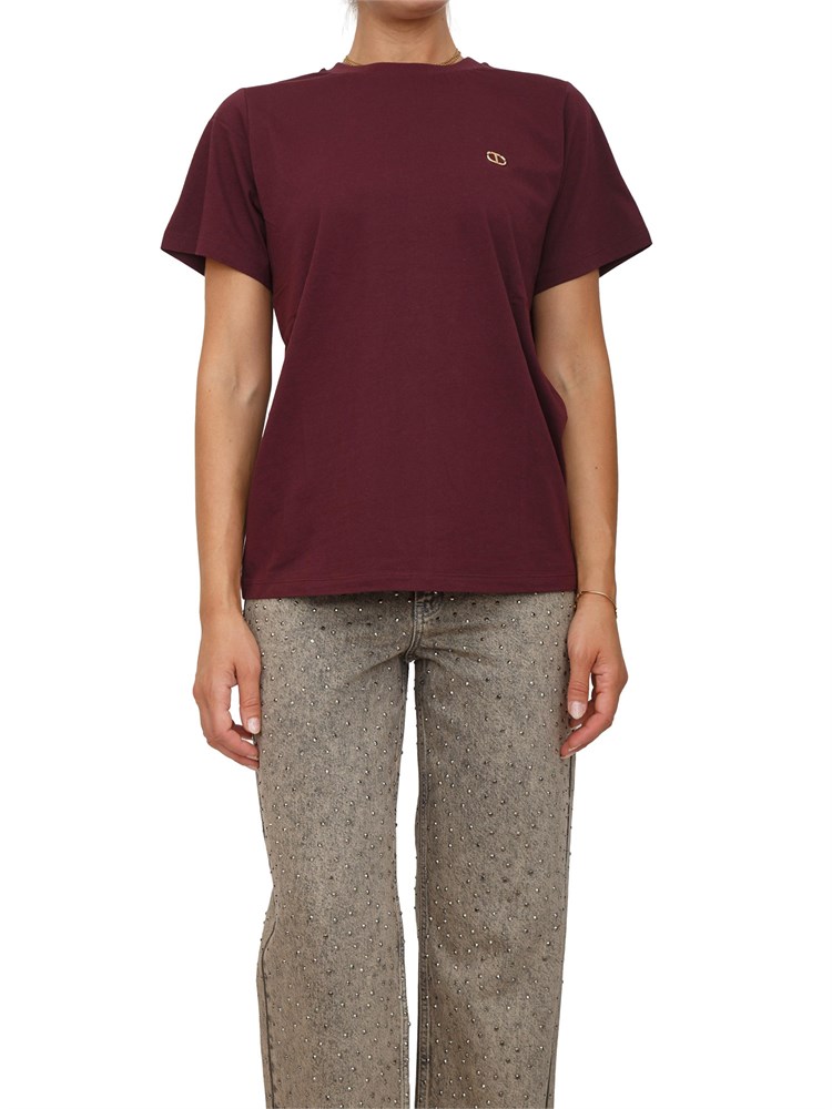 TWIN-SET T-shirt Twinset in jersey di cotone bordeaux con placchetta Oval T strass