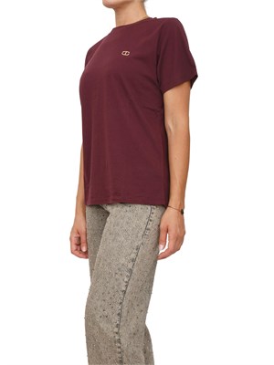 TWIN-SET T-shirt Twinset in jersey di cotone bordeaux con placchetta Oval T strass in DONNA