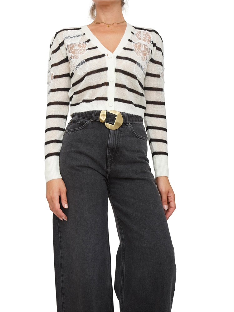 TWIN-SET Cardigan Twinset in misto mohair panna e nero con pizzo e spacchi