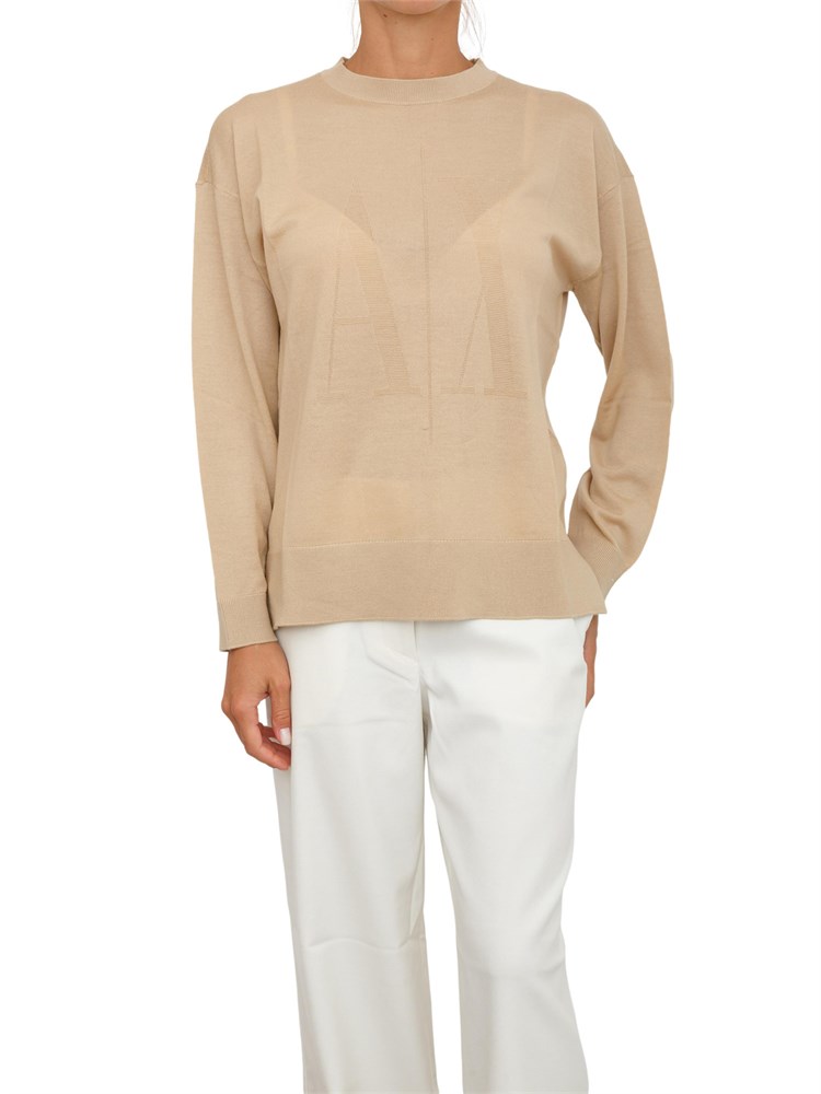 Maglia donna Armani Exchange in misto viscosa beige con maxi logo tono su tono