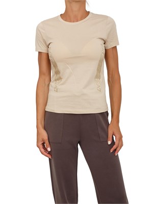 T-shirt donna EA7 Emporio Armani in cotone e modal beige con logo a micro borchie dorate in DONNA