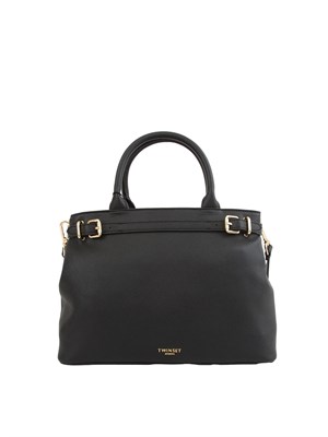 TWIN-SET Borsa shopper Twinset con fibbie e tracolla in pelle ecologica nera in DONNA