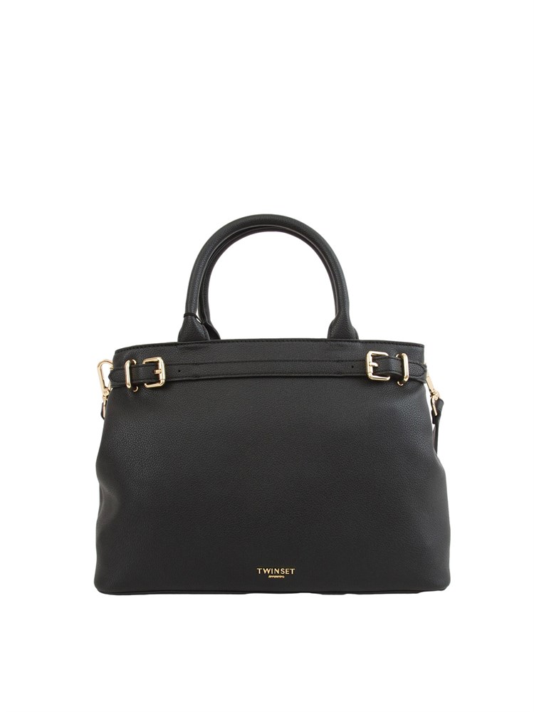 TWIN-SET Borsa shopper Twinset con fibbie e tracolla in pelle ecologica nera