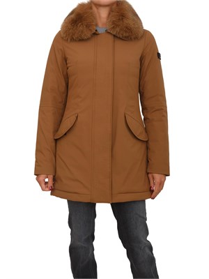 Piumino liscio Peuterey in piuma e nylon marrone con collo pelliccia volpe in DONNA