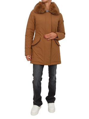 Piumino liscio Peuterey in piuma e nylon marrone con collo pelliccia volpe in DONNA