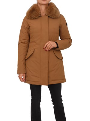 Piumino liscio Peuterey in piuma e nylon marrone con collo pelliccia volpe in DONNA