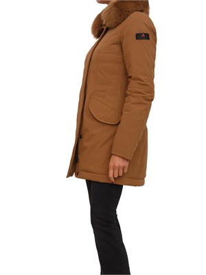 Piumino liscio Peuterey in piuma e nylon marrone con collo pelliccia volpe in DONNA