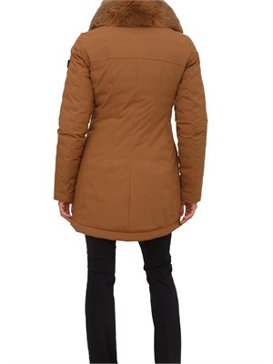 Piumino liscio Peuterey in piuma e nylon marrone con collo pelliccia volpe in DONNA