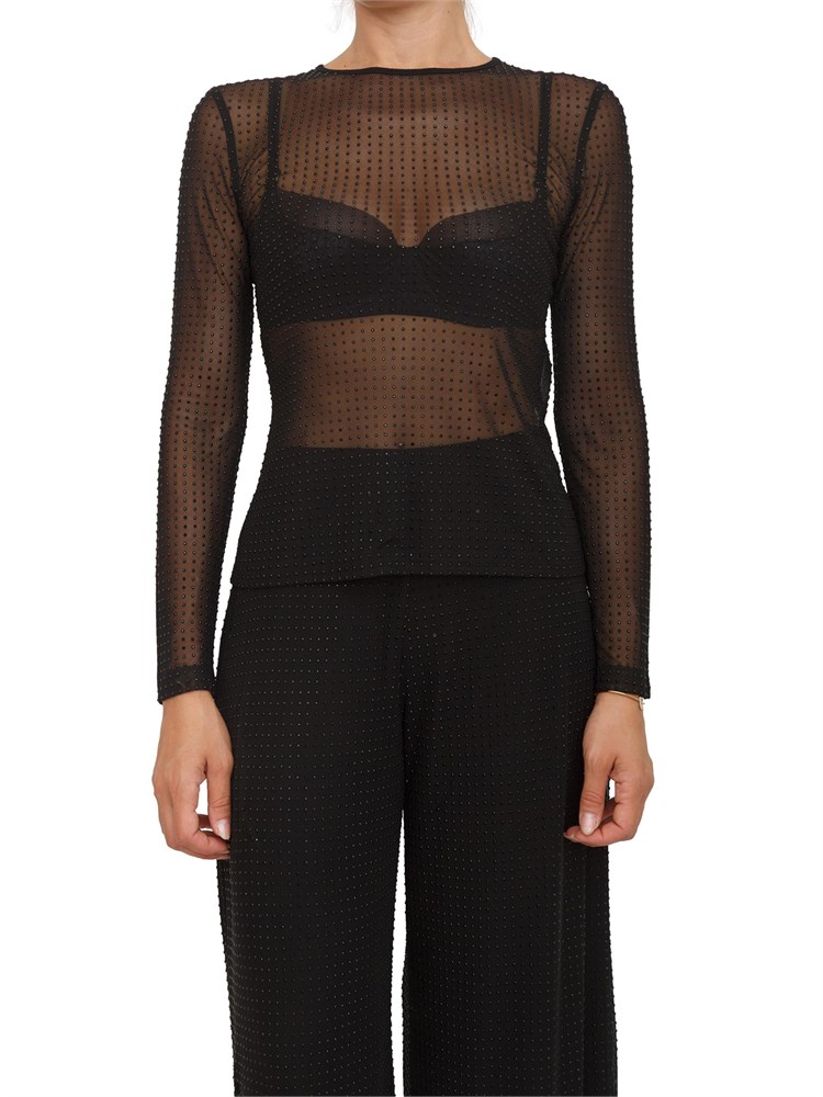 Blusa Marella in tulle trasparente nero con cristalli all over