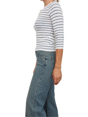 Maglia Marella in pura lana extrafine bianca con righe blu con lurex in DONNA