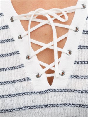 Maglia Marella in pura lana extrafine bianca con righe blu con lurex in DONNA