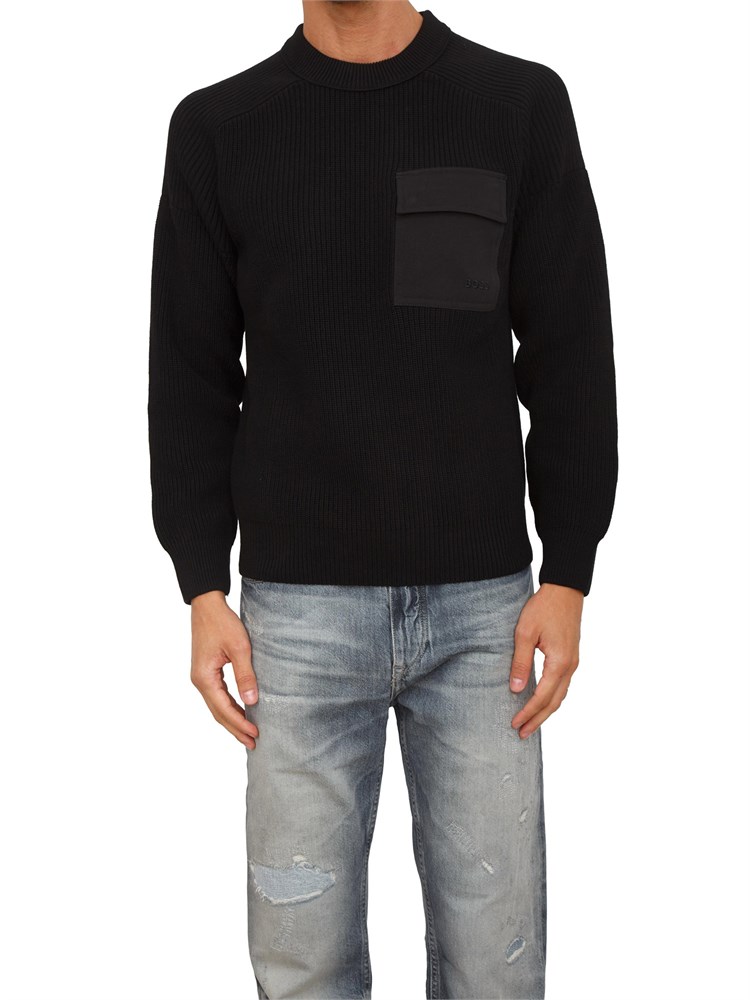 Maglia Boss uomo in cotone nero a coste e taschino