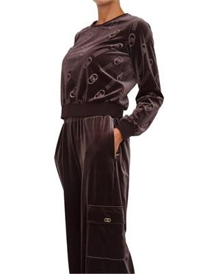 Felpa girocollo Liu Jo donna in ciniglia marrone logo all over in DONNA