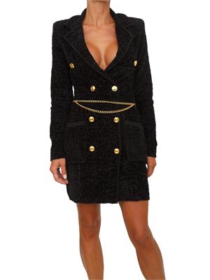 Abito Elisabetta Franchi in ciniglia bouclÉ nero con cintura gioiello in DONNA