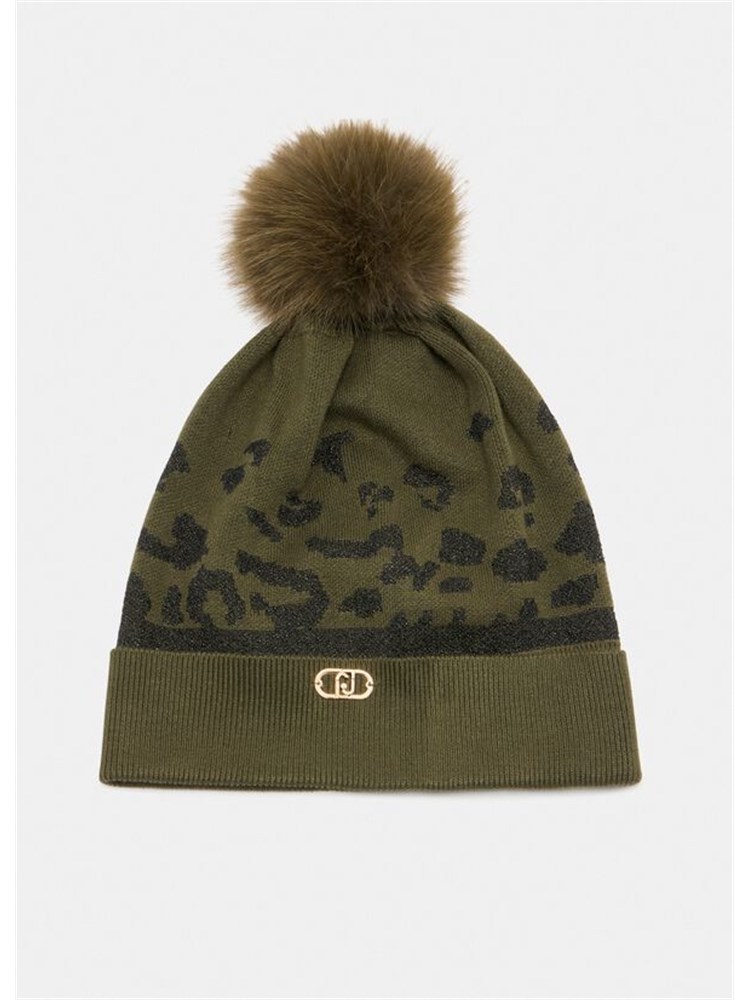 Berretto Liu Jo in viscosa lurex verde motivo animalier e pompon