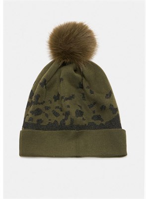 Berretto Liu Jo in viscosa lurex verde motivo animalier e pompon in DONNA