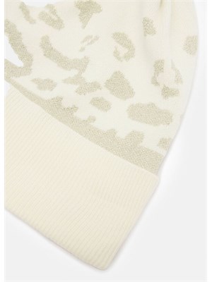 Berretto Liu Jo in viscosa lurex avorio motivo animalier e pompon in DONNA