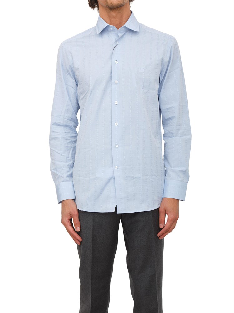 Camicia Etro uomo in cotone azzurro ricami Paisley tono su tono