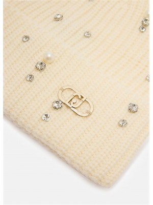 Berretto beanie Liu Jo bianco con strass e perle in DONNA
