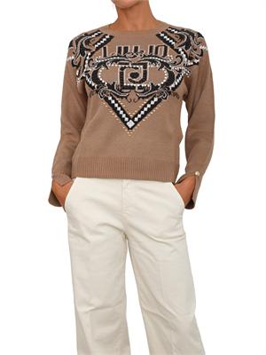 Maglia Liu Jo donna in lana beige con logo jacquard strass e borchie in DONNA