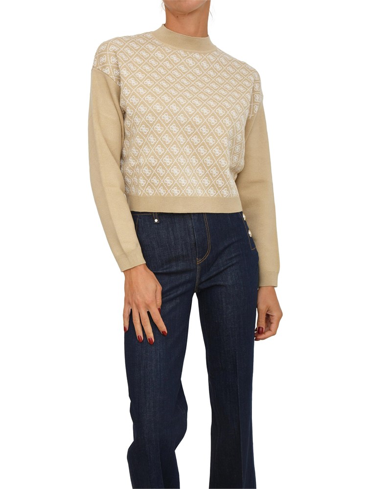 Maglia Guess Jeans donna in misto lana beige logo all over