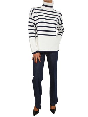 Maglione Guess Jeans donna in misto cotone righe bicolor panna e blu in DONNA