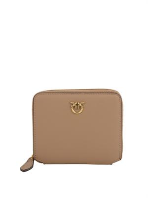 Portafoglio Pinko zip-around piccolo in pelle beige in DONNA