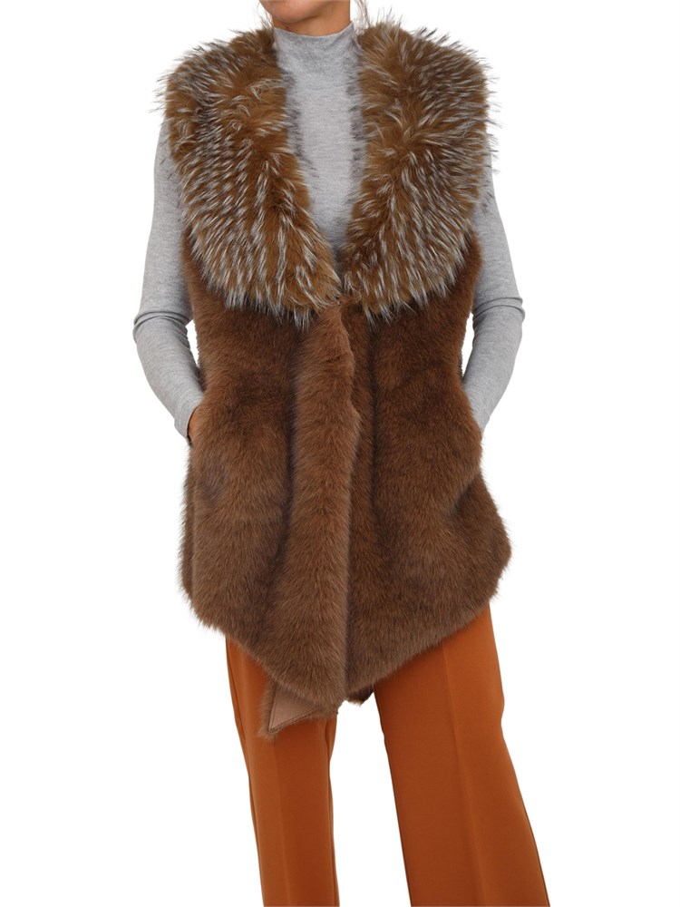 Gilet lungo Nenette in ecovolpe marrone