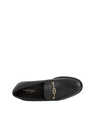 TWIN-SET Mocassino Twinset in pelle nera con logo oro in DONNA