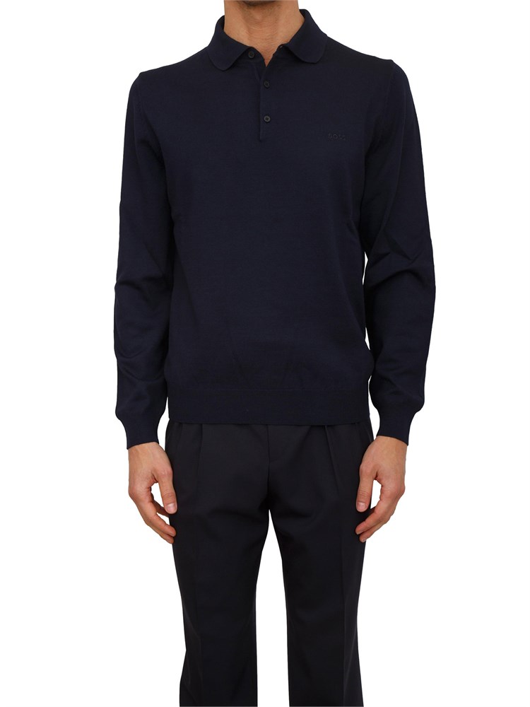 Polo maglia Boss uomo in lana vergine blu