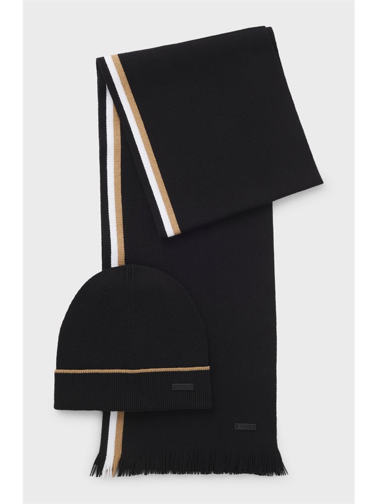 Set Boss uomo sciarpa + berretto neri con profilo a contrasto