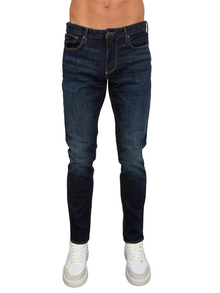 Jeans uomo Emporio Armani in cotone blu scuro e sabbiature