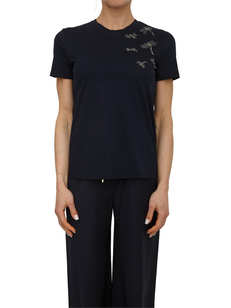 T-shirt Pontile Max Mara in cotone blu con ricami e cristalli