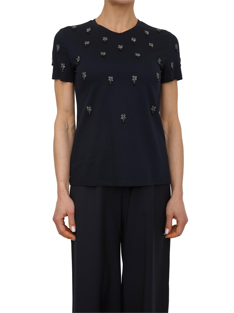 T-shirt Pontile Max Mara in cotone blu con ricami e cristalli