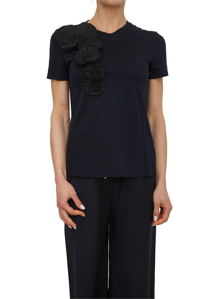 T-shirt Pontile Max Mara in cotone blu con ricami e cristalli