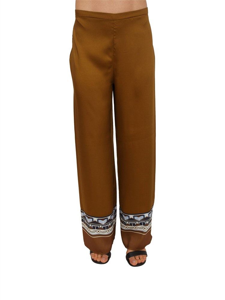 Pantaloni Estetic Nenette in tessuto fluido verde kaki con bordura etnica