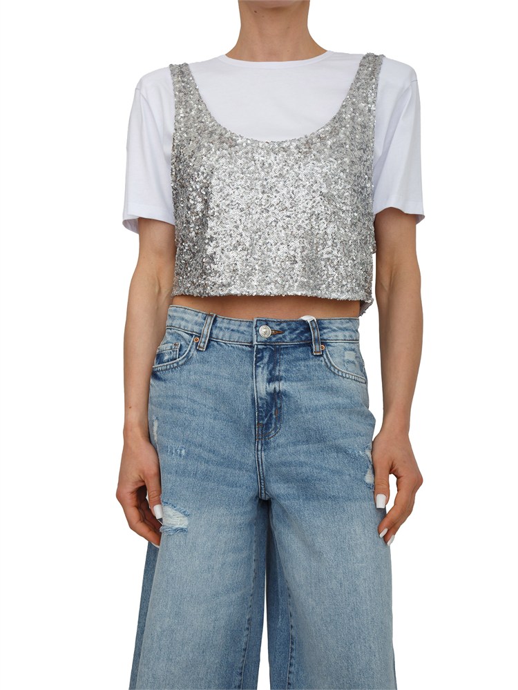 T-shirt cropped bianca Fracomina con canotta paillettes