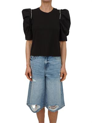 T-shirt nera Fracomina in cotone con strass e maniche a sbuffo in DONNA