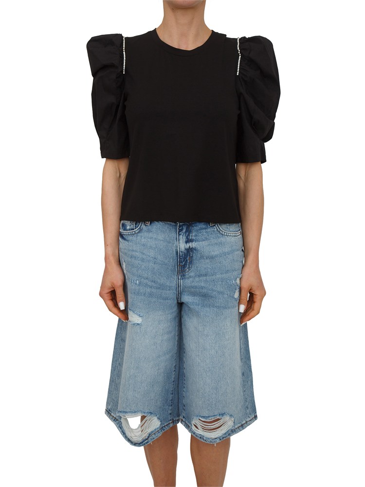 T-shirt nera Fracomina in cotone con strass e maniche a sbuffo