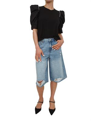 T-shirt nera Fracomina in cotone con strass e maniche a sbuffo in DONNA