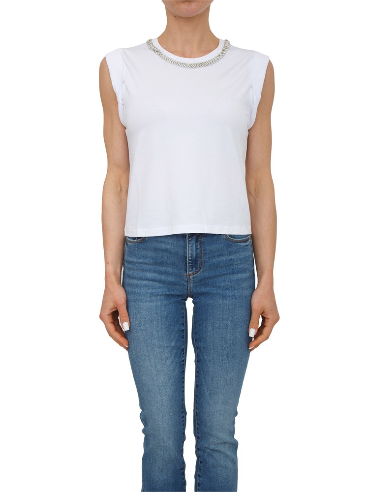 T-shirt Fracomina in cotone bianco con strass a collana