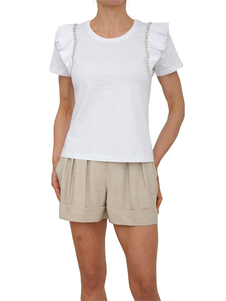T-shirt Fracomina in cotone bianco maniche rouches e cristalli