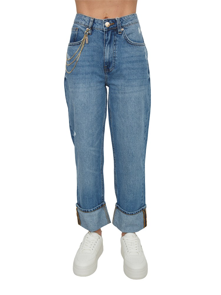 Jeans Fracomina in denim blu medio con catena e risvolto