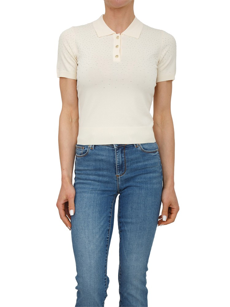 Polo slim Fracomina in viscosa crema con strass