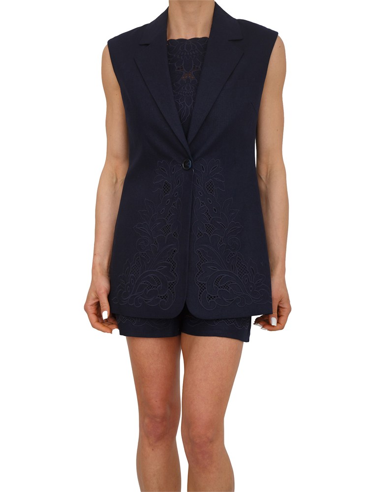 TWIN-SET Gilet Twinset in misto lino e viscosa blu con ricamo