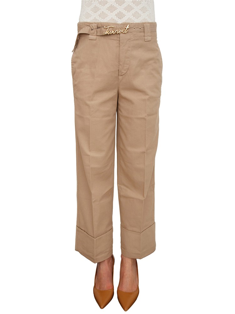 TWIN-SET Pantaloni Twinset in cotone beige con cintura