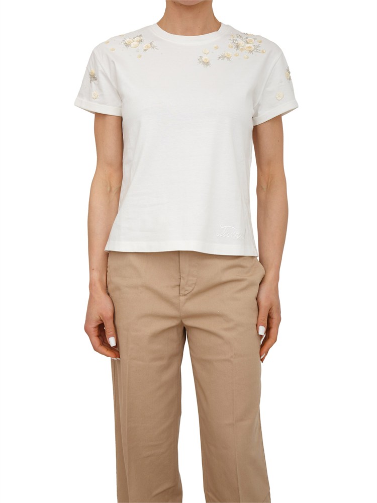 TWIN-SET T-shirt Twinset in cotone bianco con fiori e cristalli